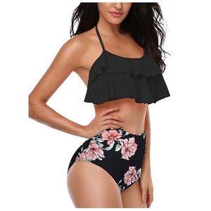 Black Layered Top Bikini w/ Floral Bottoms